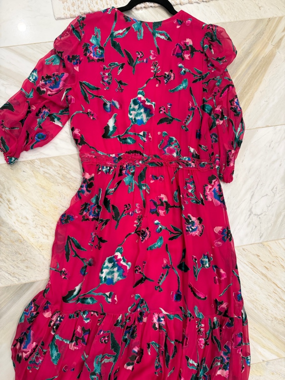 Tanya Taylor Dulce Silk Rayon Hot Pink Floral Tiered Ruffle Midi Dress Sz 6 - Picture 7 of 7